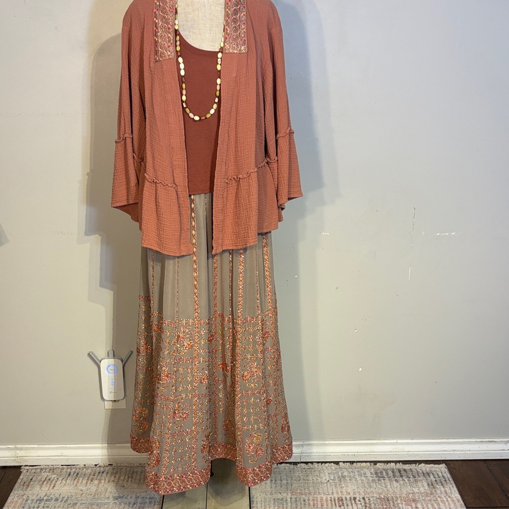Rust Pink Layered Skirt Set with Embroidered Taupe Skirt